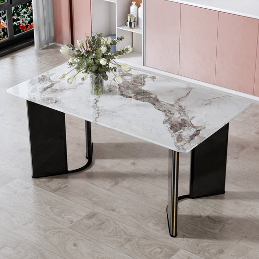 Velani Dining Table – White Marble-Look Top with Gold Trim MDF Legs