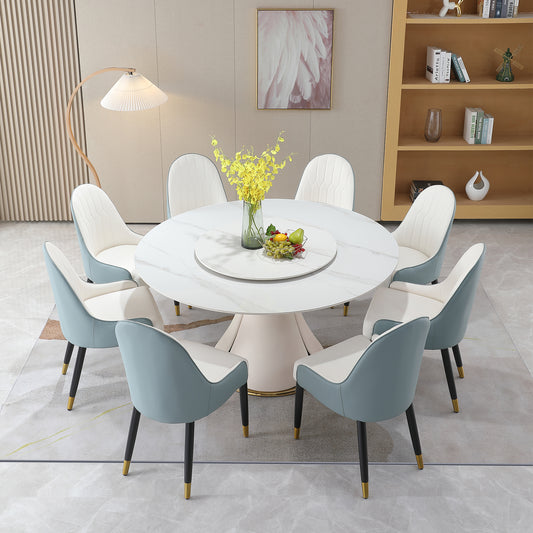 Cravone Luxe 9-Piece Dining Set – Round White Marble-Look Table with 8 Chairs & Central Turntable