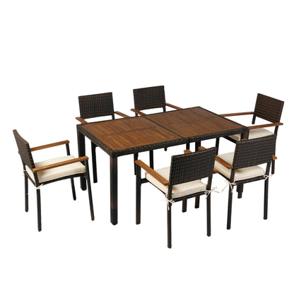 Terrana 7-Piece Wicker Dining Set – Brown Rattan Table with Acacia Wood Top & Cream Cushioned Chairs