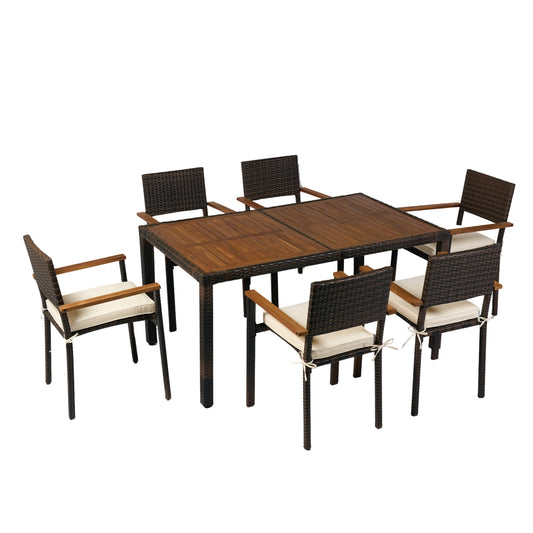 Terrana 7-Piece Wicker Dining Set – Brown Rattan Table with Acacia Wood Top & Cream Cushioned Chairs