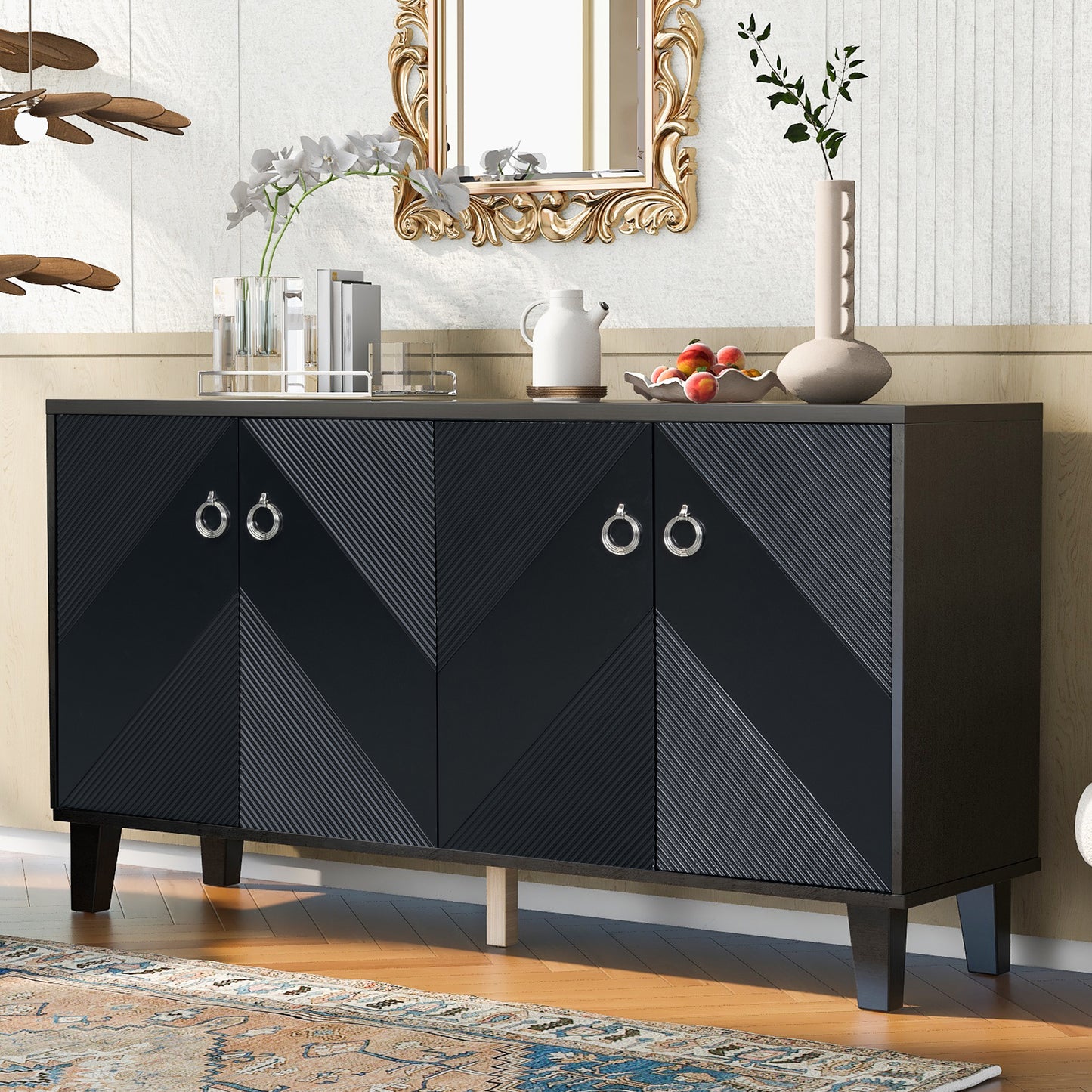 Geomora Luxe Cabinet – White Accent Cabinet with Raised Geometric Patterns