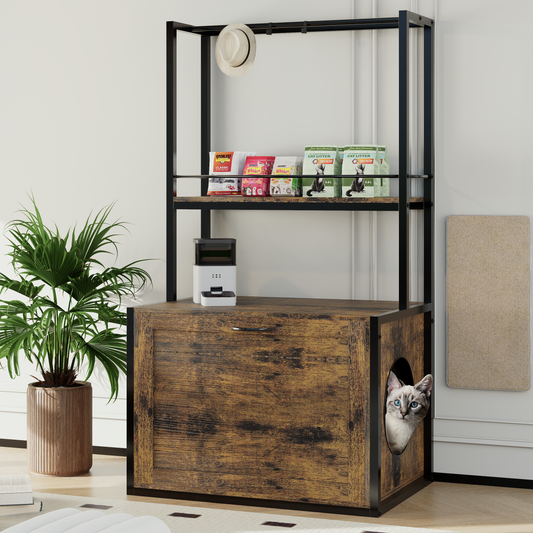 Nuvio 55" Cat Cabinet – 4-in-1 Litter Enclosure with Storage Shelves & Hanging Racks (Rustic Brown)