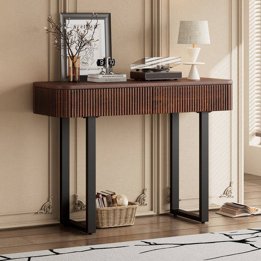 Tarell Console Table – Fluted Solid Wood with Metal Legs in Honey + Black