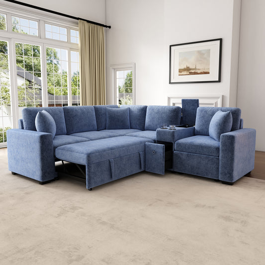 120' Expandable Lounge – Blue Comfort Sofa with Smart Storage & Relax Features