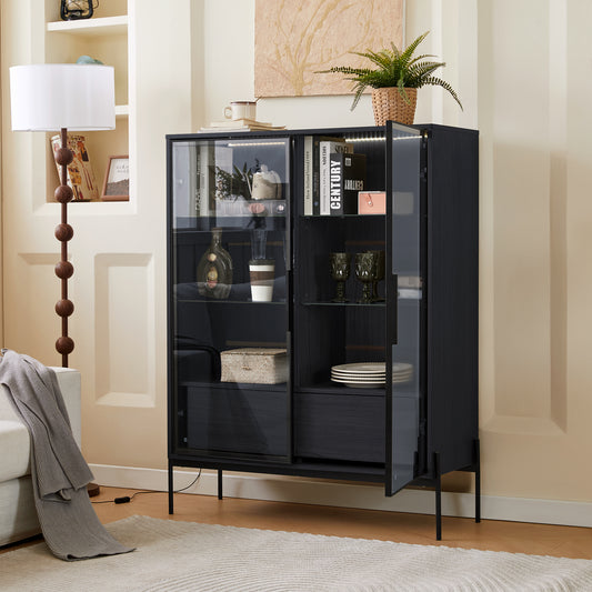 Luntra Edge Display – 51.2" Black LED Glass Cabinet with Modern Metal Legs