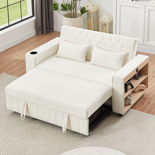 JUSTLIVE ‘Comfina Luxe” Sleeper Loveseat – Beige | Pull-Out Bed + Adjustable Back + Cozy Comfort