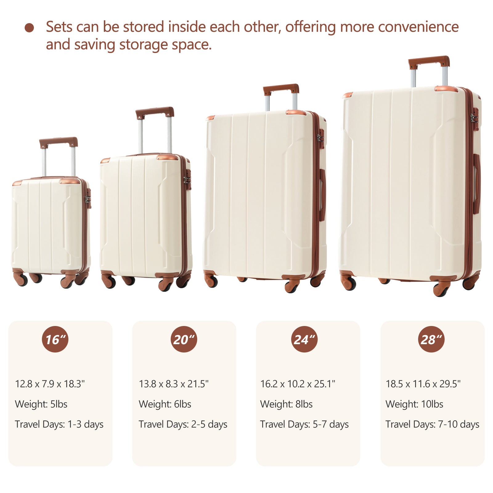 Jetera 6 - Piece Hardshell Luggage Set – White & Brown Expandable Suitcases with Spinner Wheels & TSA Lock - JUSTLIVE NESTJUSTLIVE NEST