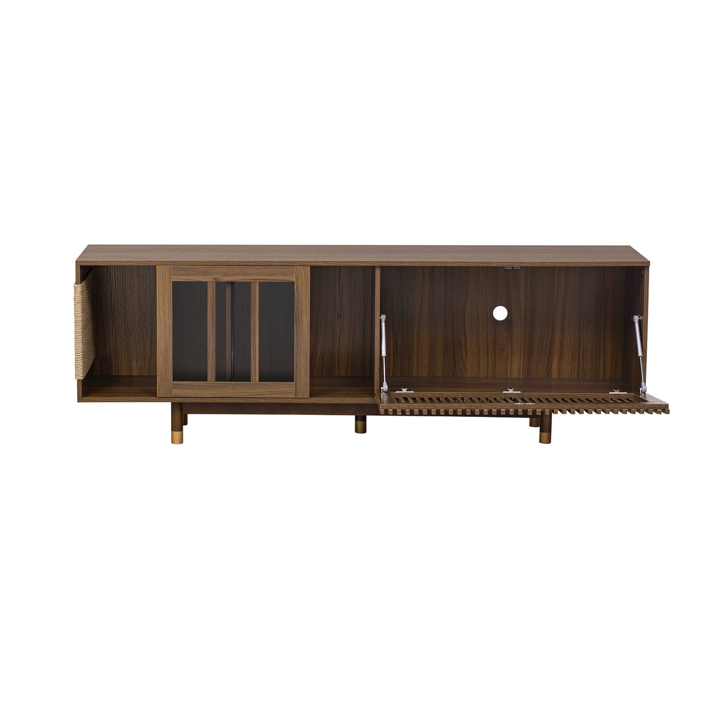 Vero Mid - Century TV Console – Walnut Pet - Friendly Stand with Flip - Down Sliding Door & Cat House - JUSTLIVE NESTJUSTLIVE NEST