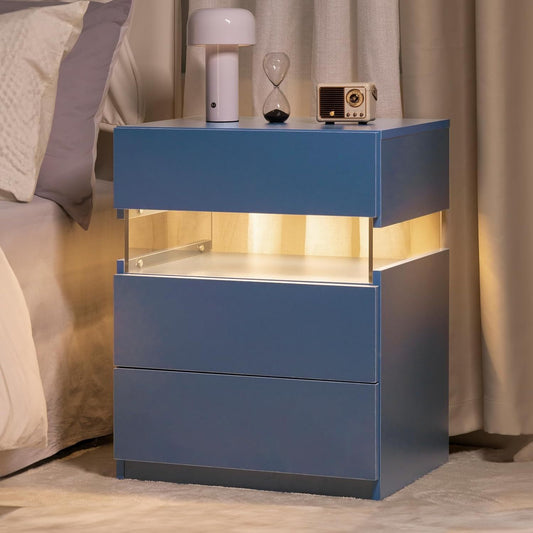 Vionix Glow Trio – Blue LED Nightstand with 3 Drawers & Acrylic Accents