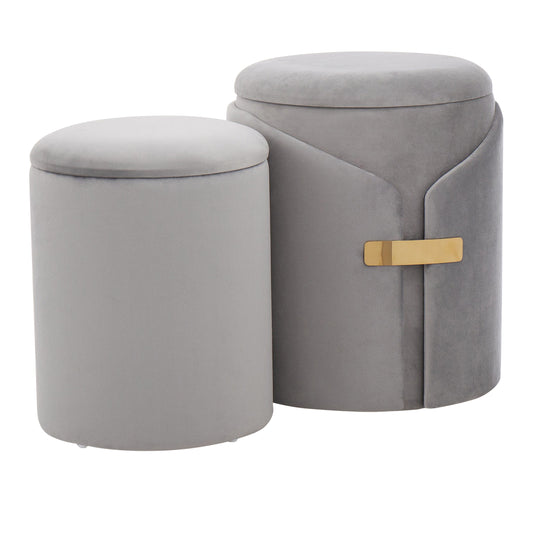 Dahlia Duo – Silver Velvet Nesting Ottomans with Gold Trim