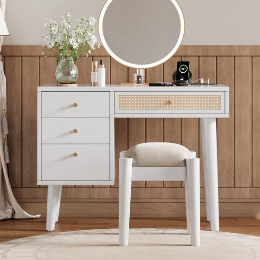 Ravella Boho Glow – 39" White Vanity Set with Rattan Drawer, USB & Power Station