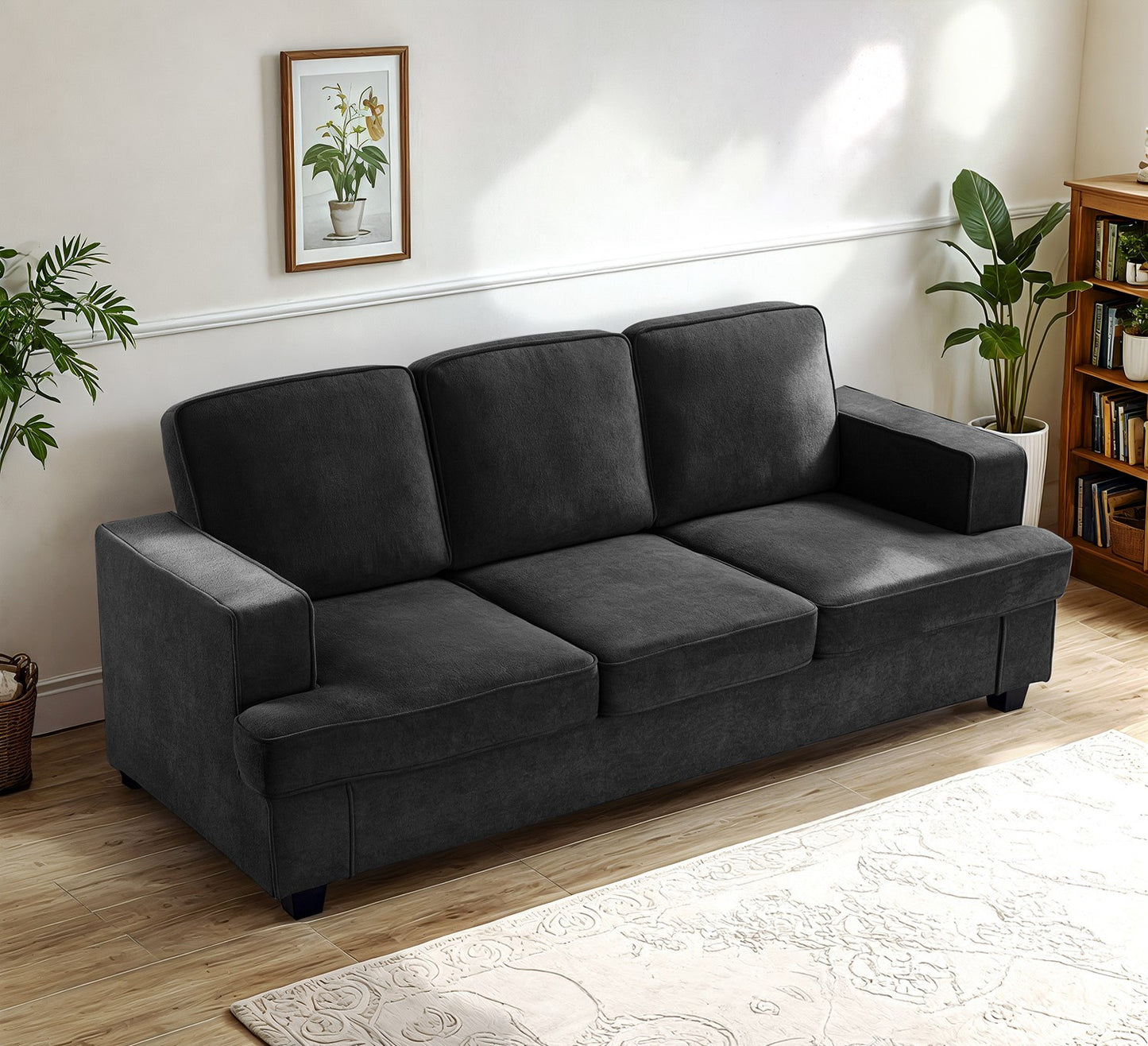 JUSTLIVE ‘Comfina Luxe” Sofa – Black Velvet | Deep Seat + Wide Arms + Modern Plush Comfort