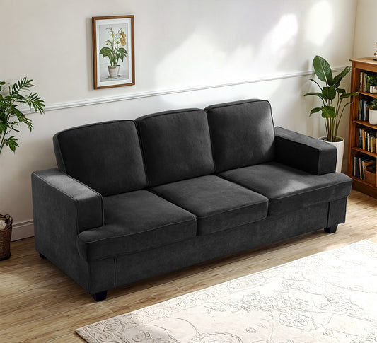 JUSTLIVE ‘Comfina Luxe” Sofa – Black Velvet | Deep Seat + Wide Arms + Modern Plush Comfort