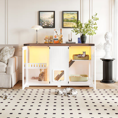 Nuvio 47" Smart Litter Cabinet – White Cat Enclosure with LED Light, Stair Entry, Scratch Panel & Side Table Design - JUSTLIVE NESTJUSTLIVE NEST