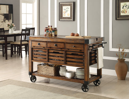 Kaif Kitchen Cart – Distressed Chestnut Finish Island with Storage and Wheels