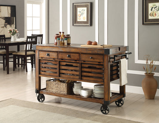 Kaif Kitchen Cart – Distressed Chestnut Finish Island with Storage and Wheels