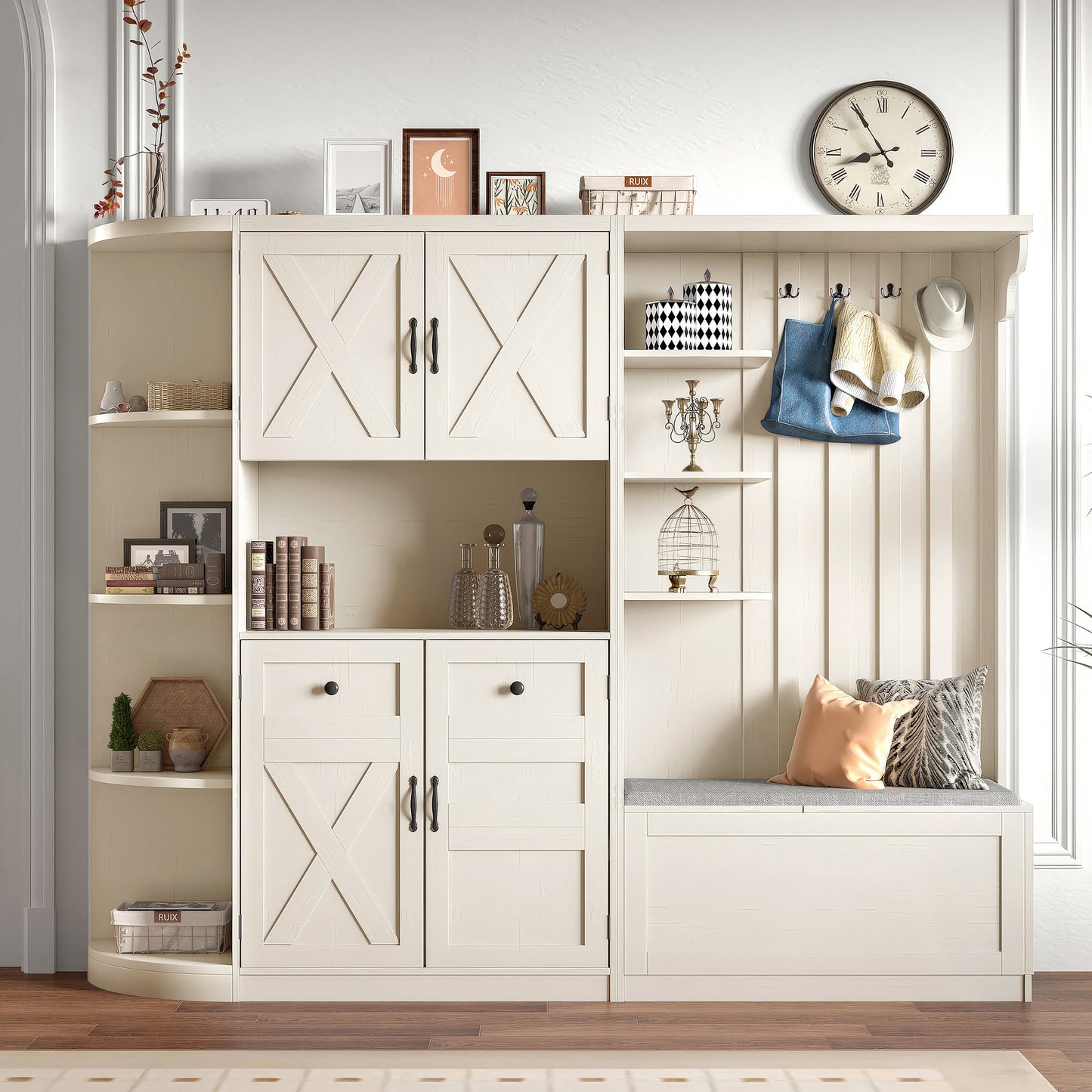 Multivyn Hall Combo – 2-in-1 Storage & Hall Tree with Hooks in Antique Beige