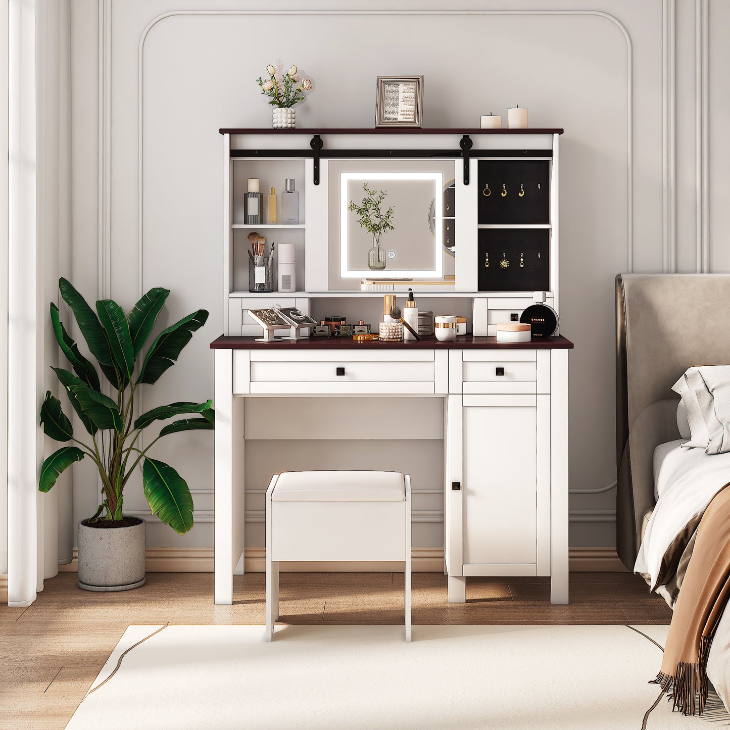 Farmessa Glow Console – 41.7" Farmhouse Vanity Table with Mirror, Cabinet & 4 Drawers, 3 Color Modes