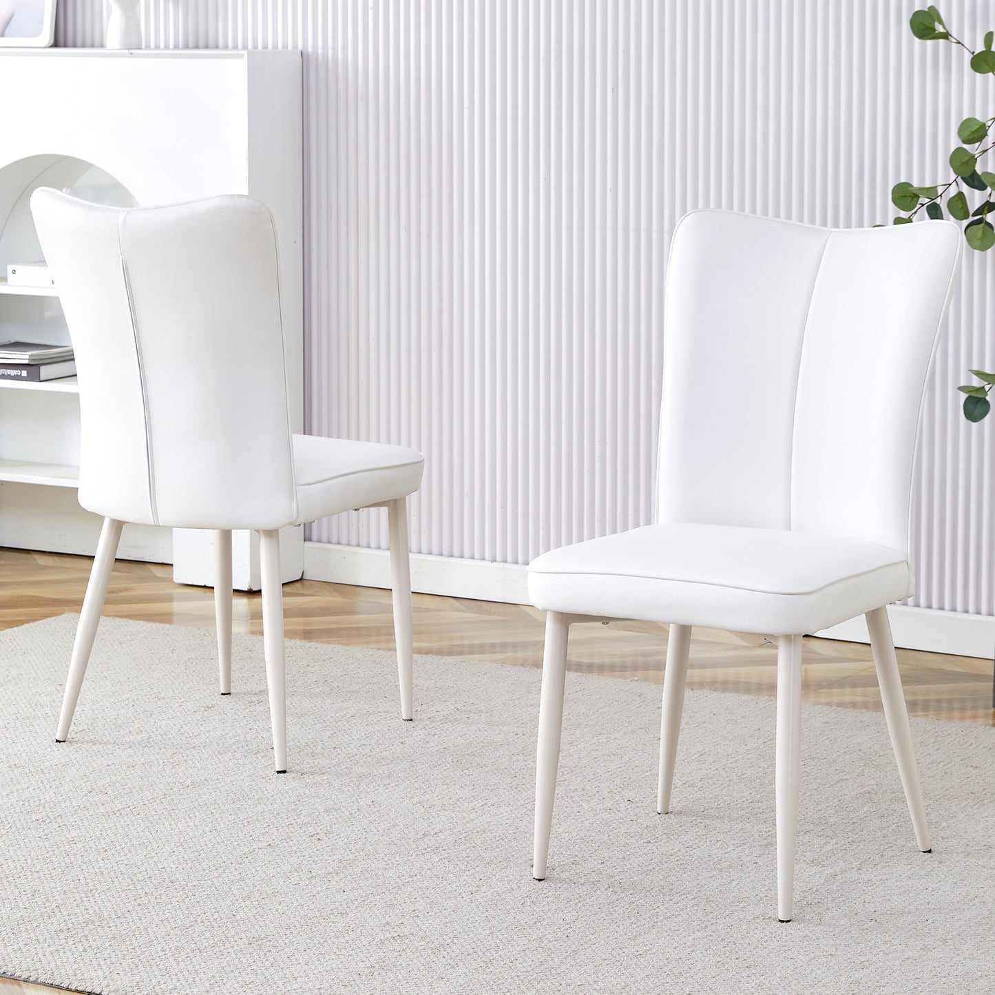 Vetra White Dining Chair Set – 2 White PU Curved Seats with White Metal Legs