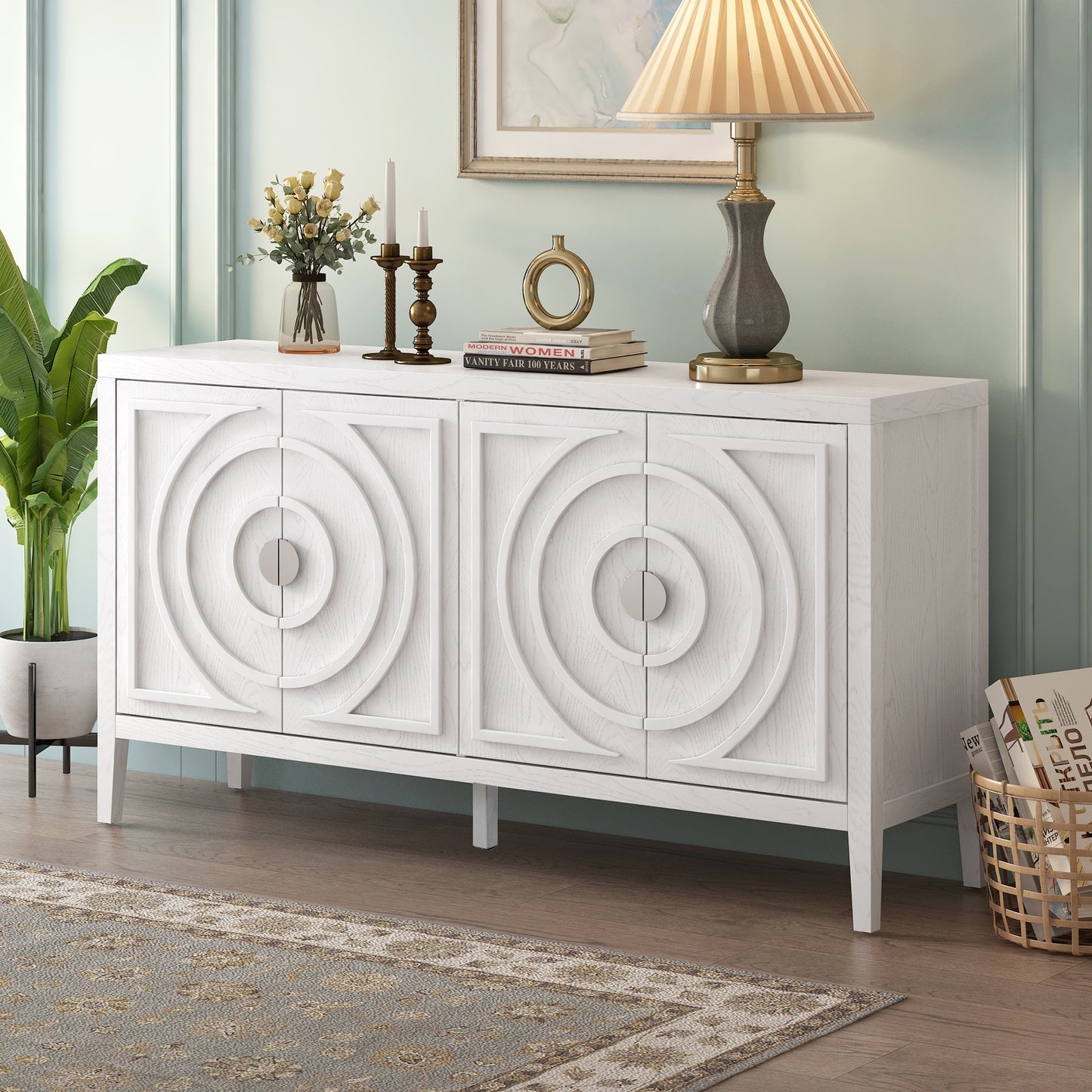 Trelo Sideboard – White Retro Storage Cabinet with Circular Groove Doors and Metal Pulls