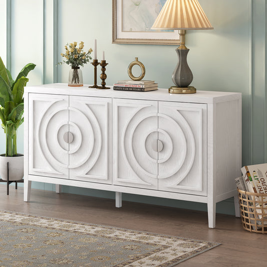 Trelo Sideboard – White Retro Storage Cabinet with Circular Groove Doors and Metal Pulls