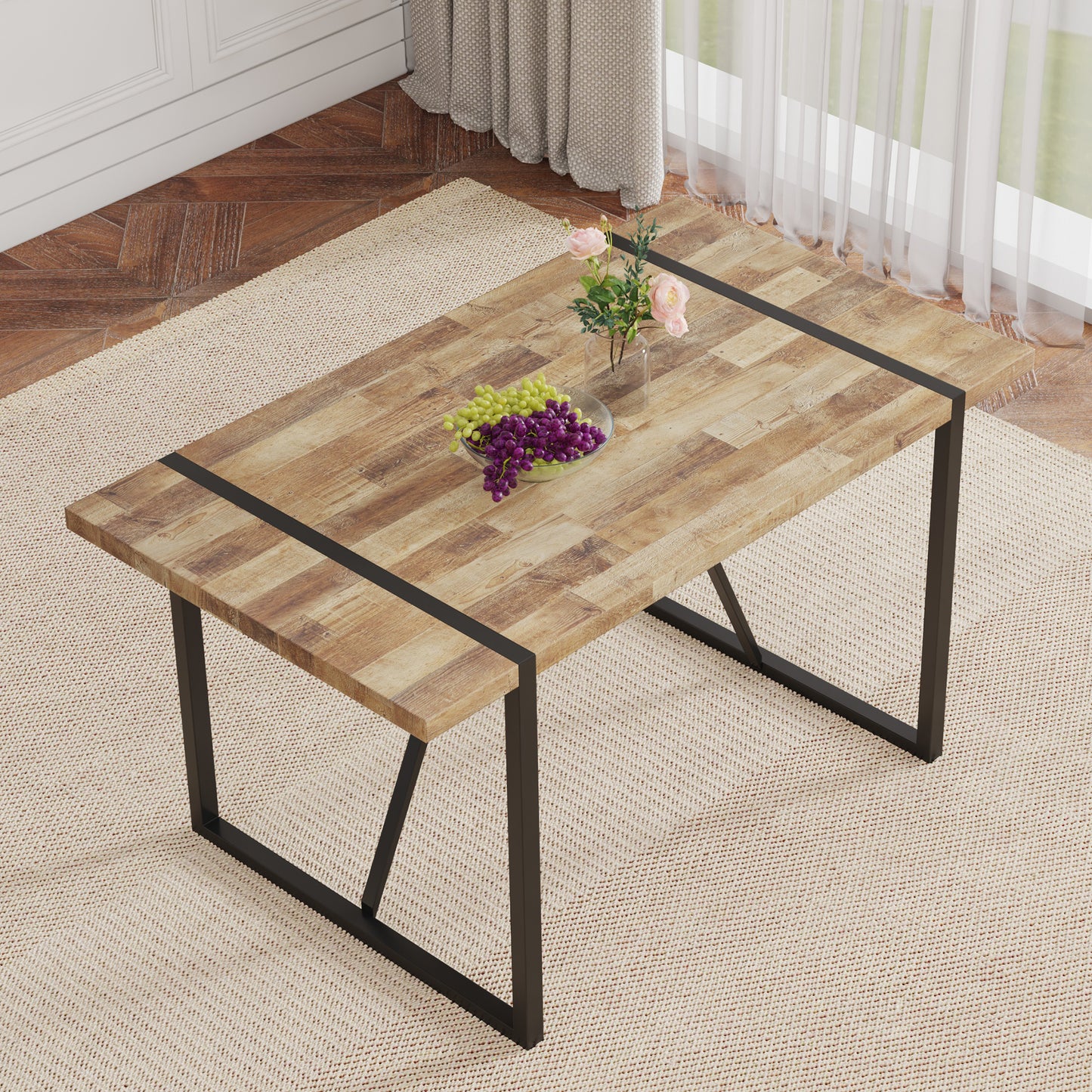 Retra Dining Table – Retro Rectangular Textured Top with Black Metal Legs