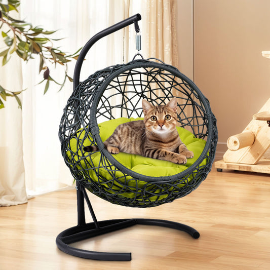 Nuvio Cat Swing Lounge – Green Hanging Egg Bed with Rattan Look, Stand & Cushion