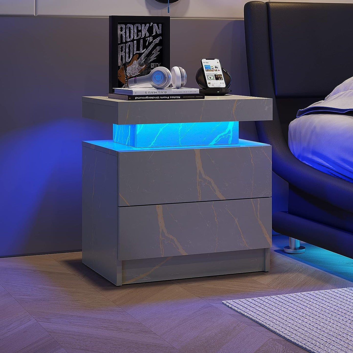 Vionix Glow Chest – LED Nightstand in Gray & Gold with 2 Drawers and Ambient Light
