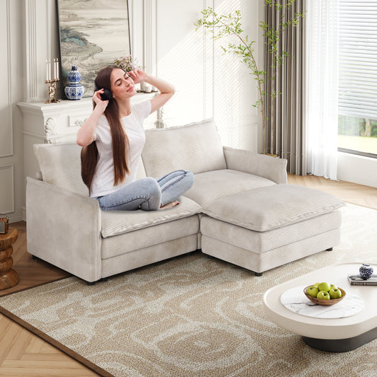 NestEdge ‘CorduNest” Loveseat Sectional – Deep Seat Corduroy 2-Seater + Ottoman | 2 Cushions