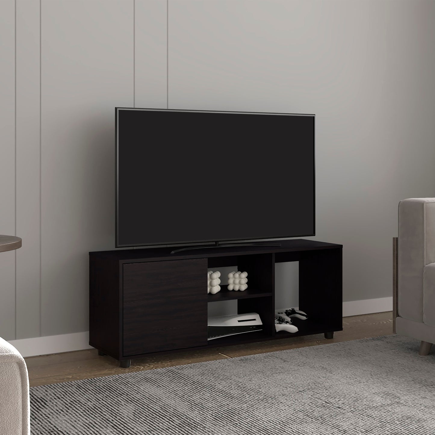 Adelra Console – 51" Black TV Stand with 4 Open Shelves & 1 Door