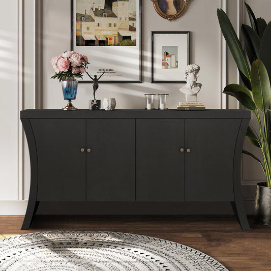 Induro Arc Credenza – 4-Door Black Cabinet with Bronze Clasps & Wood Legs