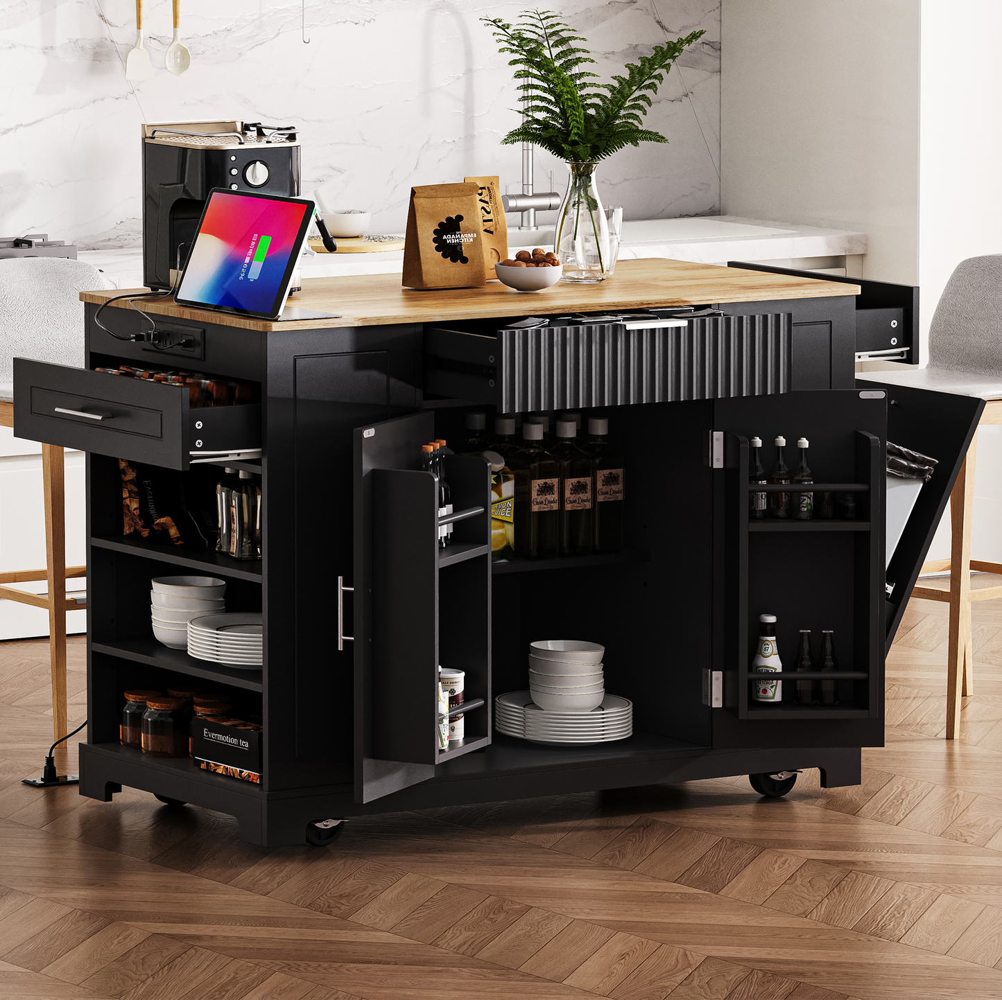 K&K Flute Island – Black Rolling Cart with Trash Bin Storage, Power Outlet & 3 Drawers