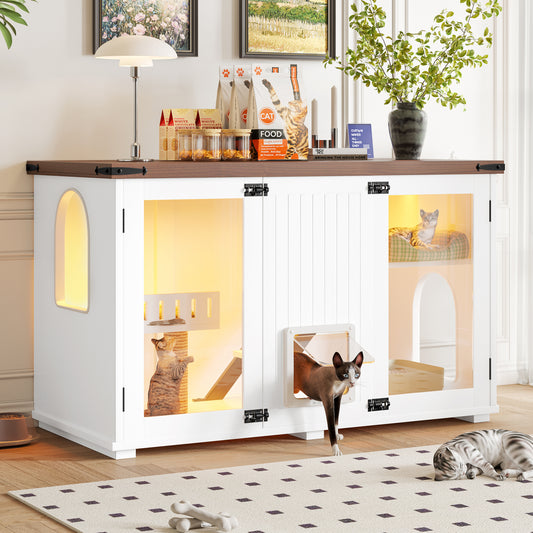 Nuvio 47" Smart Litter Cabinet – White Cat Enclosure with LED Light, Stair Entry, Scratch Panel & Side Table Design - JUSTLIVE NESTJUSTLIVE NEST