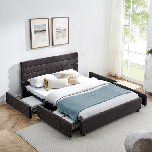 Velvra Queen Bed – Beige Cushioned Frame with Upholstered Headboard (85"x66"x36")