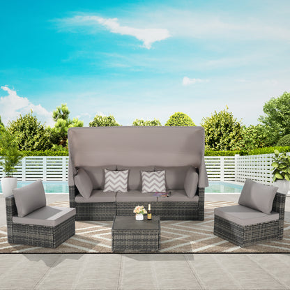 Solvara Daybed Lounge – 5-Piece Wicker Patio Set with Retractable Canopy & Side Table