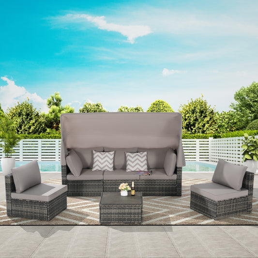 Solvara Daybed Lounge – 5-Piece Wicker Patio Set with Retractable Canopy & Side Table