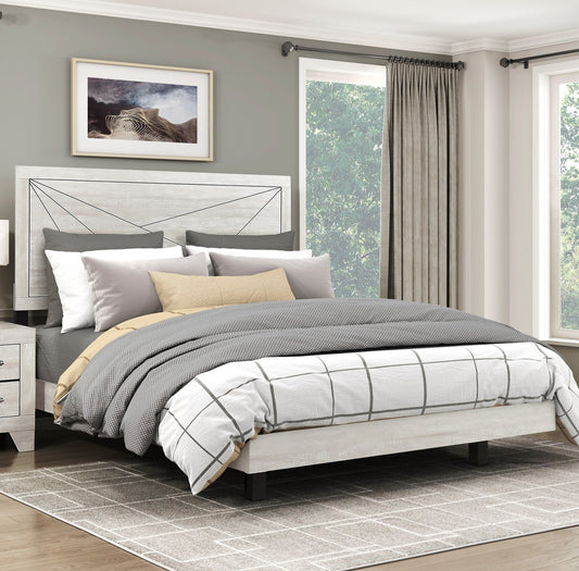 Stravelle King Bed – Gray Oak Wooden Frame with Line-Pattern Headboard