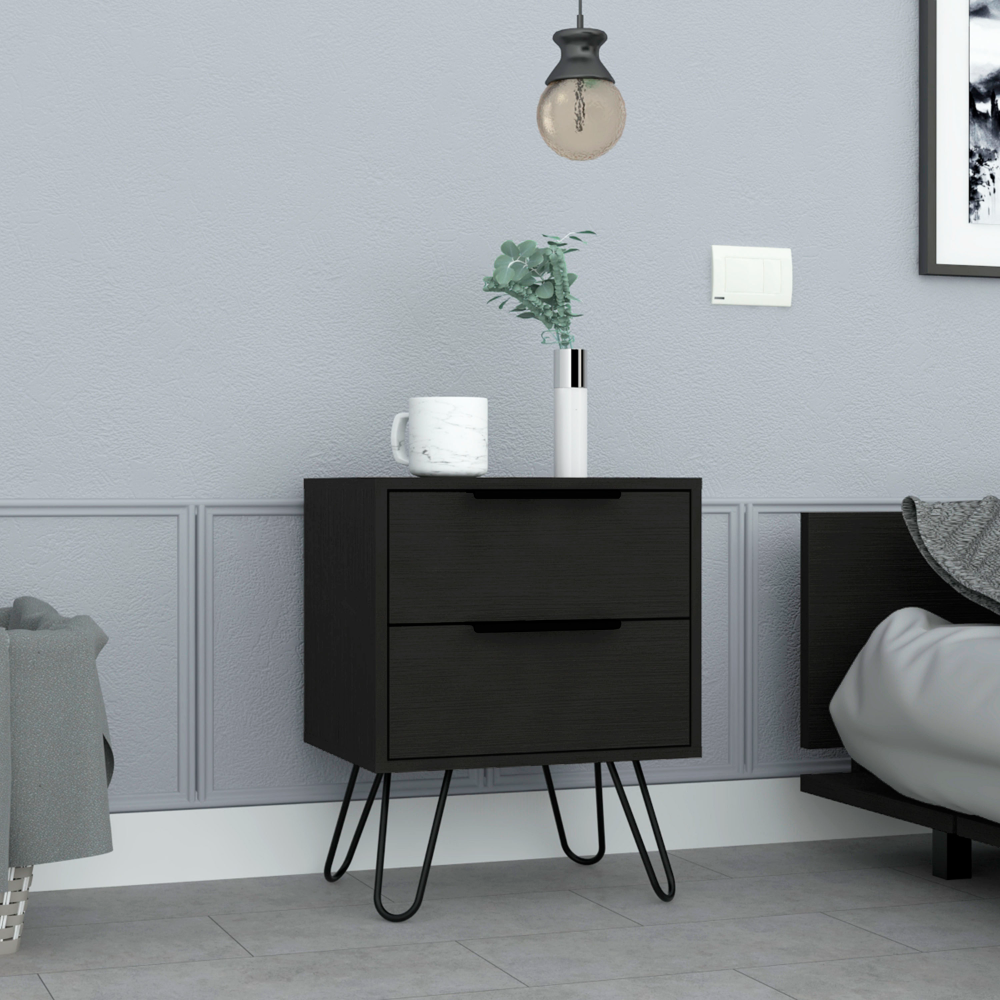 Voltra Hairpin Duo – 2-Piece Black Nightstand Set with Hairpin Legs & Drawers