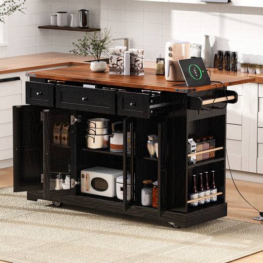 K&K Farmstead Island – 53'' Black Kitchen Cart with Glass Doors, Drop Leaf & Power Outlet