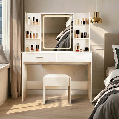 Velora Shelf Glow – White Vanity Table with LED Mirror, Power Outlet, 2 Drawers & 6 Storage Shelves