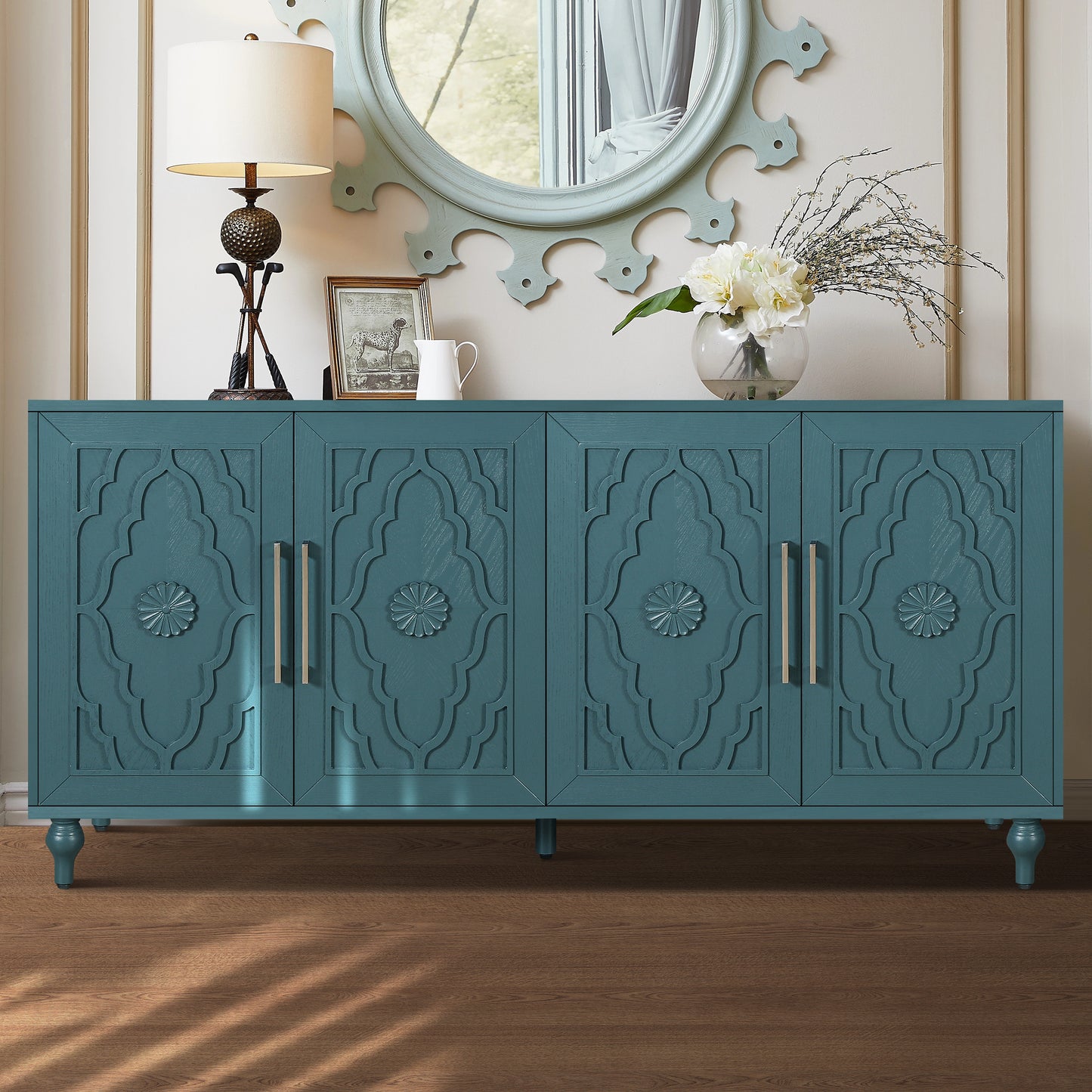 Florin Carved Cabinet – 63" Navy Blue Storage with Flower-Pattern Doors