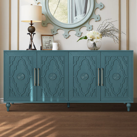 Florin Carved Cabinet – 63" Navy Blue Storage with Flower-Pattern Doors