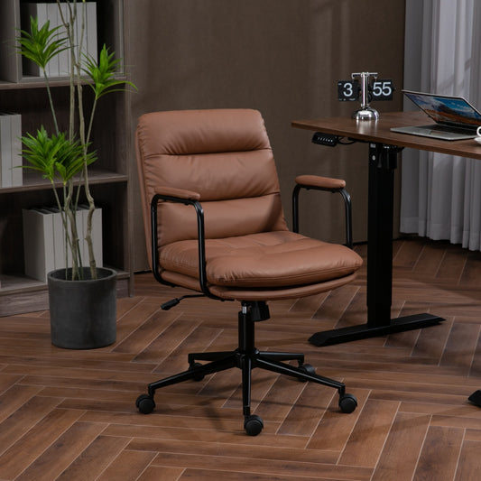 Ravix Mid-Back Office Chair – Brown PU Swivel Task Chair with 40° Recline and Padded Arms
