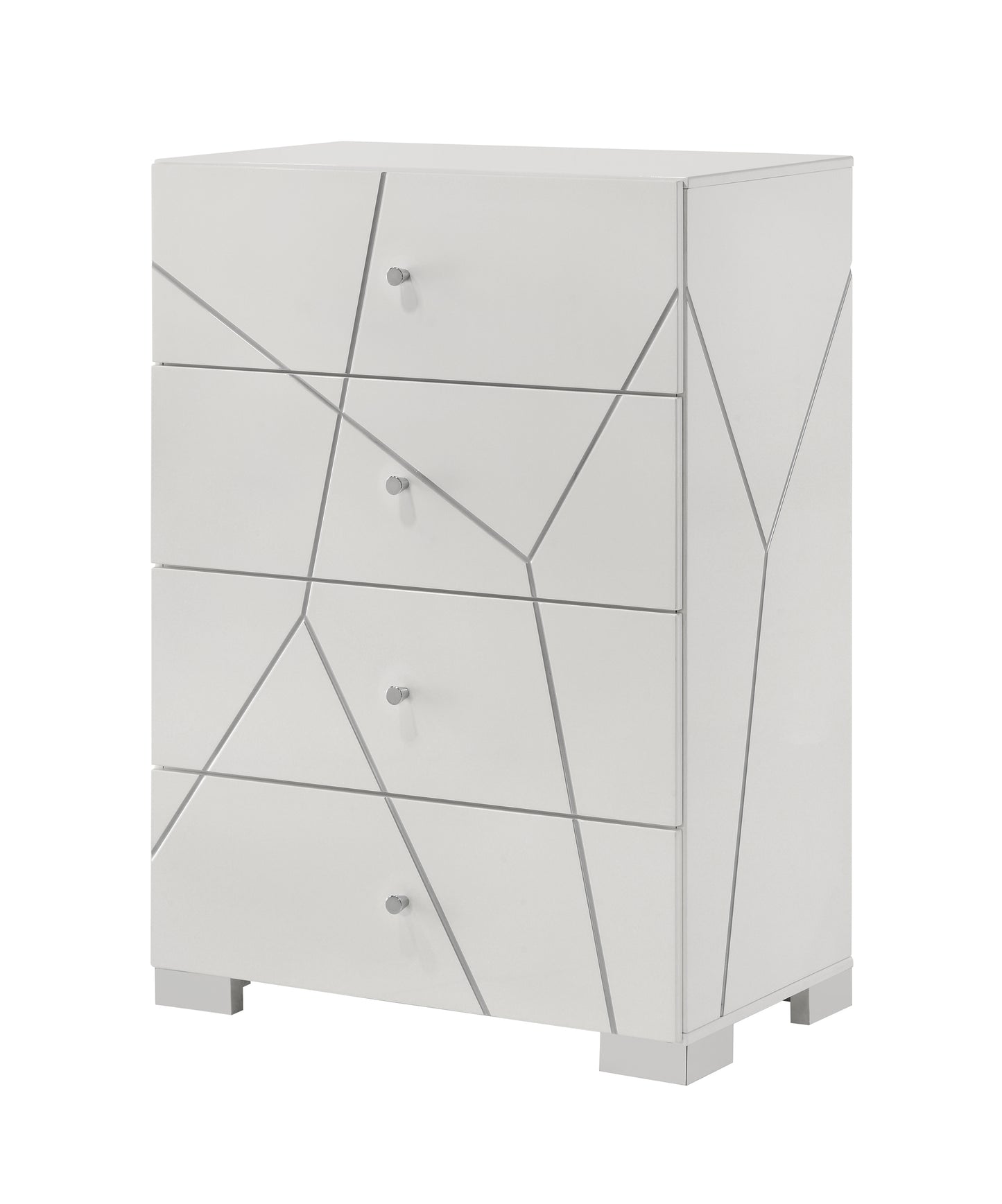 Stravelle GeoGloss Tower – High-Gloss White 4-Drawer Chest with Raised Accent Detailing