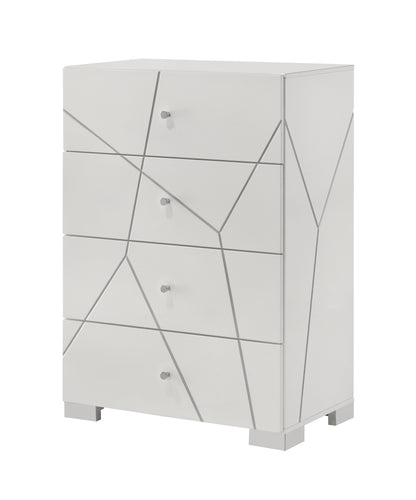Stravelle GeoGloss Tower – High-Gloss White 4-Drawer Chest with Raised Accent Detailing