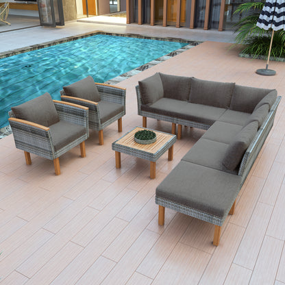 GO 9-Piece Rattan Sectional – Gray PE Wicker Sofa Set with Acacia Wood Legs & Coffee Table