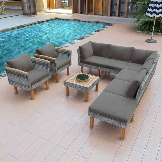 GO 9-Piece Rattan Sectional – Gray PE Wicker Sofa Set with Acacia Wood Legs & Coffee Table