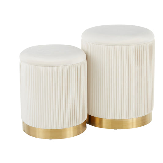 Marlo Duo – Pleated Cream Velvet Ottomans with Gold Frame