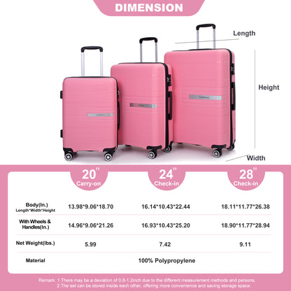 Jetera 3 - Piece PP Suitcase Set – Pink Polypropylene Hardshell with Double Spinner Wheels & TSA Lock - JUSTLIVE NESTJUSTLIVE NEST