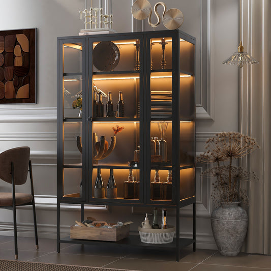 Luntra Display Cabinet – 70" Iron + Glass Showcase with LED (Black)